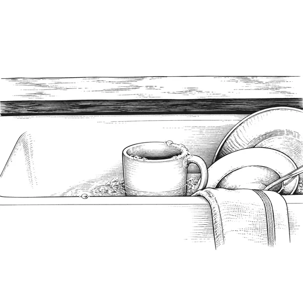 Engraved illustration of dishes and a mug in a kitchen sink
