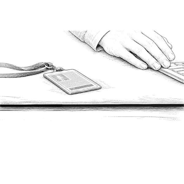 Engraved illustration of a hand beside a keyboard and work badge