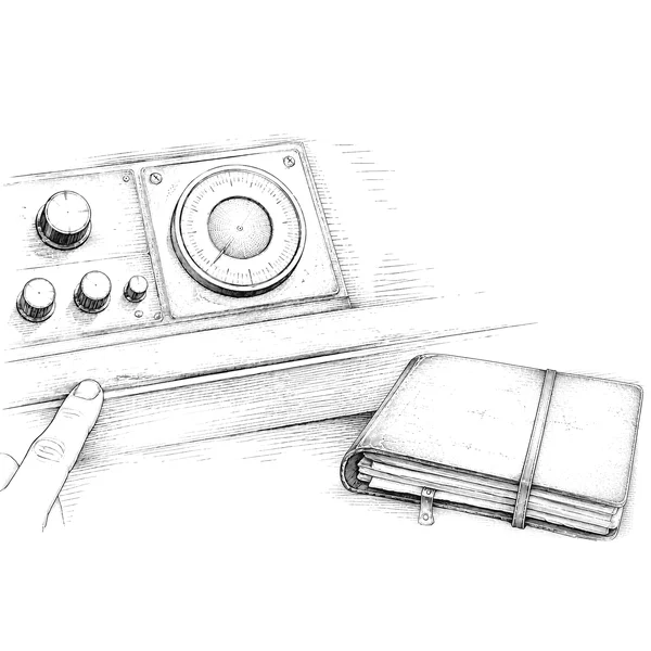 Engraved illustration of radio controls and a notebook kept within reach