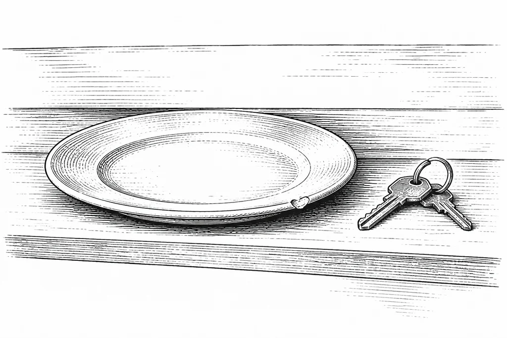 A chipped plate and a ring of keys rest on a wooden counter.